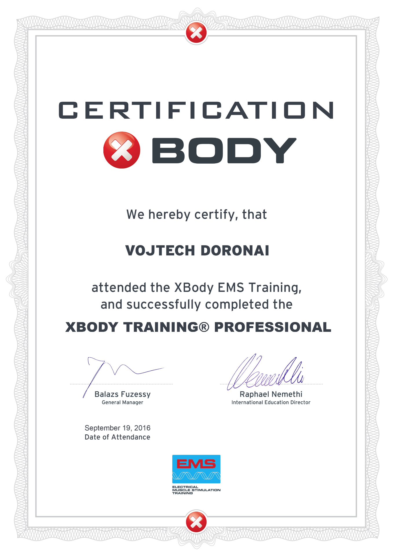 Certifikát - Vojtech Doroňai